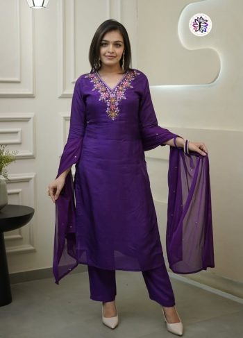 TRENDING VICHITRA SILK EMBROIDERY SEQUENCE WORK TOP BOTTOM WITH DUPATTA PURPLE