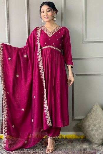 TRENDING VICHITRA SILK EMBROIDERY WORK TOP BOTTOM WITH DUPATTA MAROON