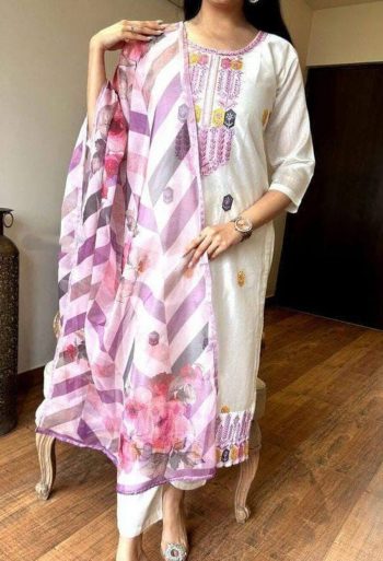TRENDING VISCOSE CHANDERI SILK EMBROIDERY WORK TOP BOTTOM WITH DUPATTA WHITE