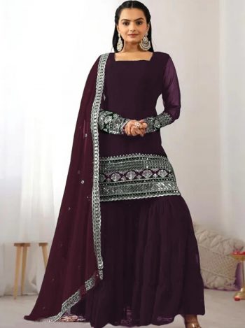 DESIGNER GEORGETTE EMBROIDERY SEQUENCE WORK TOP SHARARA WITH DUPATTA PURPLE