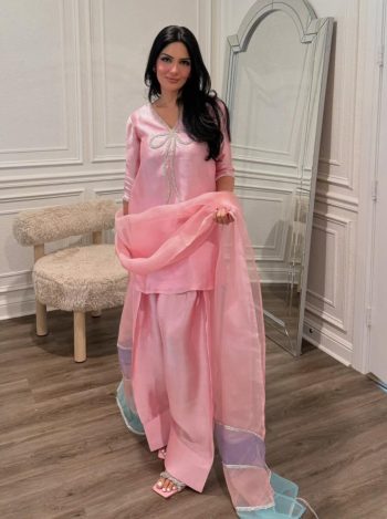 FANCY FRENCH CREPE BEADS WORK TOP PATIYALA WITH DUPATTA PEACH