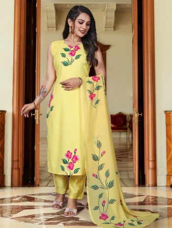 FANCY FRENCH CREPE PRINTED TOP BOTTOM WITH DUPATTA YELLOW