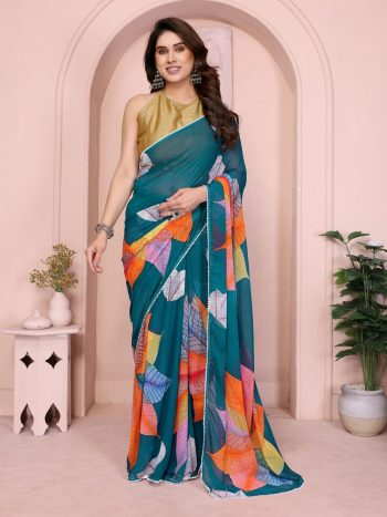 FANCY GEORGETTE PRINTED E WITH SMALL LACE WORK READY TO WEAR SAREE WITH UNSTITCHED BLOUSE RAMA