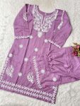 FANCY PURE RAYON COTTON CHIKAKARI EMBROIDERY WORK KURTI PALAZZO SET  BABY PINK