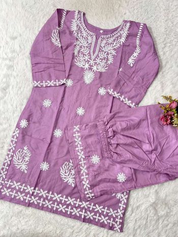 FANCY PURE RAYON COTTON CHIKAKARI EMBROIDERY WORK KURTI PALAZZO SET  BABY PINK