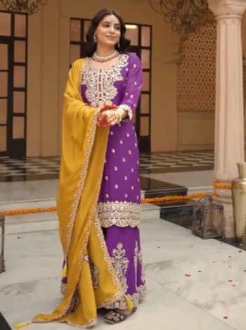 FANCY VICHITRA SILK EMBROIDERY THREAD AND SEQUENCE WORK TOP PALAZZO WITH DUPATTA PURPLE