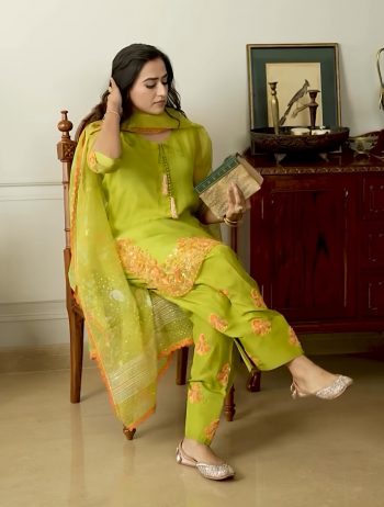 FASHIONABLE CREPE SILK EMBROIDERY SEQUENCE WORK TOP PALAZZO WITH DUPATTA  PARROT GREEN