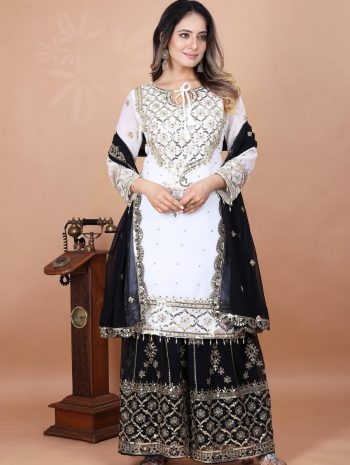 FASHIONABLE GEORGETTE EMBROIDERY SEQUENCE WORK TOP SHARARA WITH DUPATTA BLACK