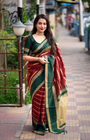 LATEST LICHI SILK  JACQUARD WORK  SAREE WITH UNSTITCHED BLOUSE MAROON