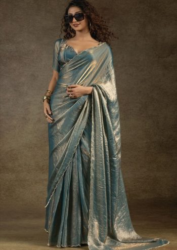 LUXURY SPACE SILK JARKAN DIAMOND WORK SAREE WITH UNSTITCHED BLOUSE PARTY WEAR WHOLESALE PRICE ETHNIC GARMENT SKY