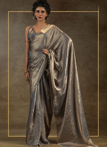 LUXURY SPACE SILK JARKAN DIAMOND WORK SAREE WITH UNSTITCHED BLOUSE PARTY WEAR WHOLESALE PRICE ETHNIC GARMENT GREY
