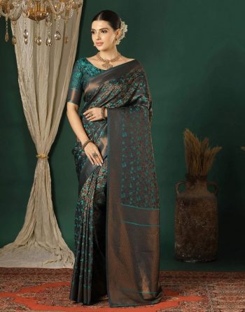 MODERN SATIN SILK ZARI WEAVING WORK SAREE WITH UNSTITCHED BLOUSE TEAL
