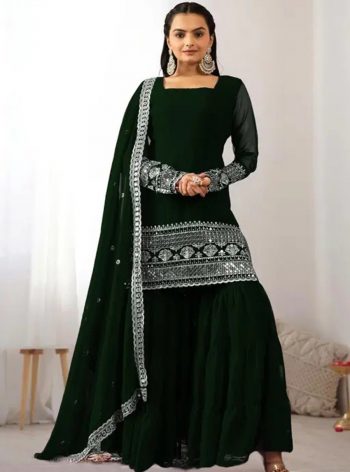 DESIGNER GEORGETTE EMBROIDERY SEQUENCE WORK TOP SHARARA WITH DUPATTA GREEN