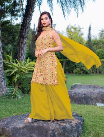 FANCY CHINON EMBROIDERY WORK TOP PALAZZO WITH DUPATTA YELLOW