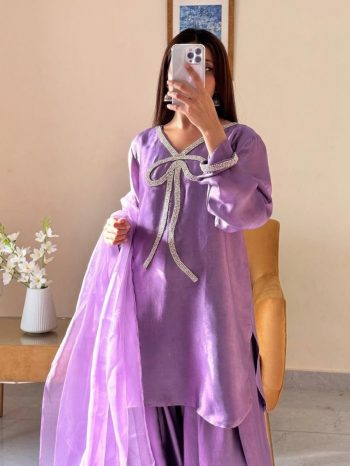 FANCY FRENCH CREPE BEADS WORK TOP PATIYALA WITH DUPATTA LAVENDER