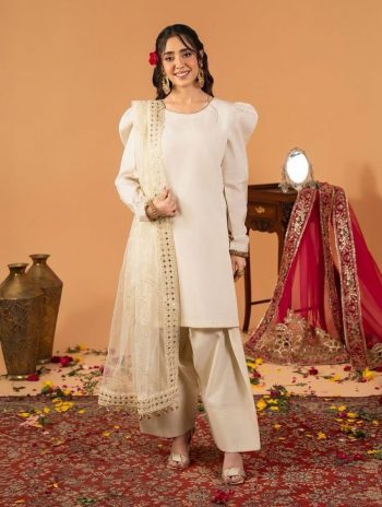FANCY NATURAL CREPE SILK FANCY LACE BORDER WORK  TOP PATIYALA WITH DUPATTA  WHITE