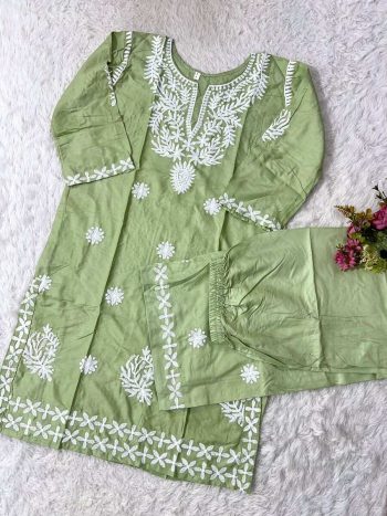 FANCY PURE RAYON COTTON CHIKAKARI EMBROIDERY WORK KURTI PALAZZO SET  PISTA