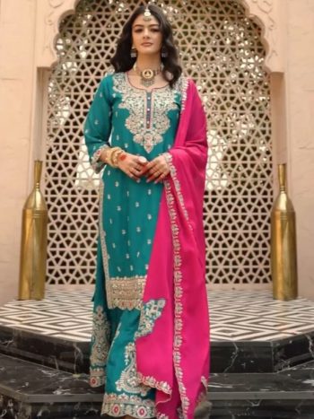 FANCY VICHITRA SILK EMBROIDERY THREAD AND SEQUENCE WORK TOP PALAZZO WITH DUPATTA RAMA