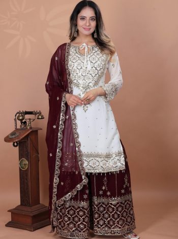 FASHIONABLE GEORGETTE EMBROIDERY SEQUENCE WORK TOP SHARARA WITH DUPATTA MAROON