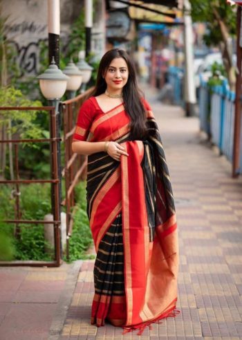 LATEST LICHI SILK  JACQUARD WORK  SAREE WITH UNSTITCHED BLOUSE BLACK