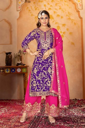 MODERN FUAX GEORGETTE EMBROIDERY SEQUENCE WORK TOP PALAZZO WITH DUPATTA PURPLE
