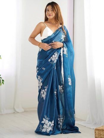 DESIGNER JIMMY CHOO DUAL SEQUENCE WITH DOUBLE SCALPING BORDER WORK SAREE WITH UNSTITCHED BLOUSE TEAL