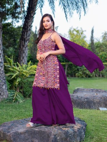 FANCY CHINON EMBROIDERY WORK TOP PALAZZO WITH DUPATTA PURPLE