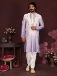 FANCY COTTON SILK EMBROIDERY SEQUENCE WORK MEN'S KURTA PAYJAMA LAVENDER