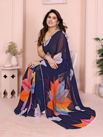 FANCY GEORGETTE PRINTED E WITH SMALL LACE WORK READY TO WEAR SAREE WITH UNSTITCHED BLOUSE NAVY BLUE