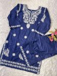 FANCY PURE RAYON COTTON CHIKAKARI EMBROIDERY WORK KURTI PALAZZO SET  NAVY BLUE
