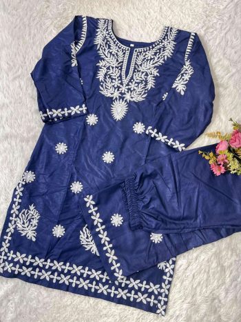 FANCY PURE RAYON COTTON CHIKAKARI EMBROIDERY WORK KURTI PALAZZO SET  NAVY BLUE