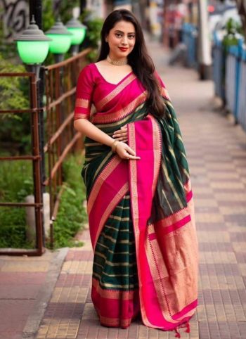 LATEST LICHI SILK  JACQUARD WORK  SAREE WITH UNSTITCHED BLOUSE GREEN