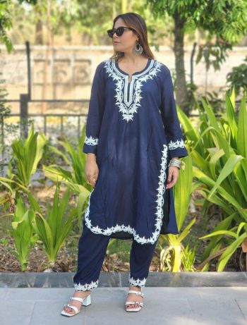 NEW ARRIVAL RAYON EMBROIDERY WORK TOP BOTTOM SET NAVY BLUE