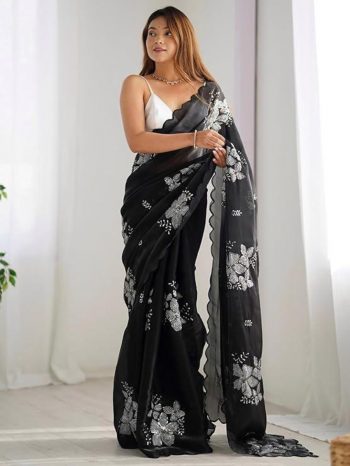 DESIGNER JIMMY CHOO DUAL SEQUENCE WITH DOUBLE SCALPING BORDER WORK SAREE WITH UNSTITCHED BLOUSE BLACK