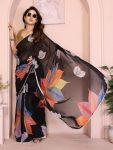 FANCY GEORGETTE PRINTED E WITH SMALL LACE WORK READY TO WEAR SAREE WITH UNSTITCHED BLOUSE BLACK