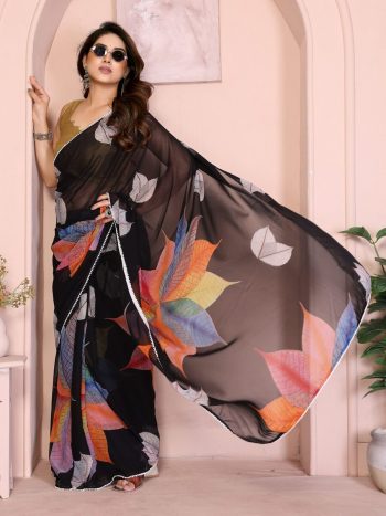 FANCY GEORGETTE PRINTED E WITH SMALL LACE WORK READY TO WEAR SAREE WITH UNSTITCHED BLOUSE BLACK