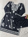 FANCY PURE RAYON COTTON CHIKAKARI EMBROIDERY WORK KURTI PALAZZO SET  BLACK