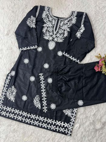 FANCY PURE RAYON COTTON CHIKAKARI EMBROIDERY WORK KURTI PALAZZO SET  BLACK