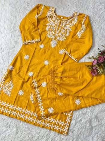 FANCY PURE RAYON COTTON CHIKAKARI EMBROIDERY WORK KURTI PALAZZO SET  YELLOW