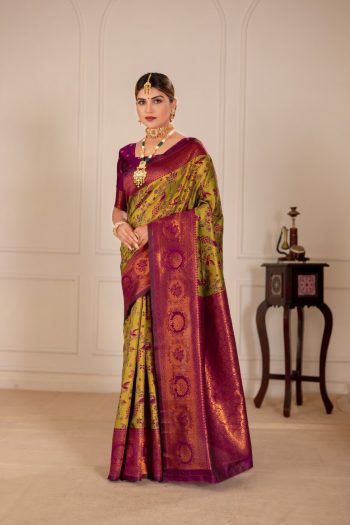 ATTRACTIVE BANARASI SILK WEAVING WORK SAREE WITH UNSTITCHED BLOUSE PARROT GREEN