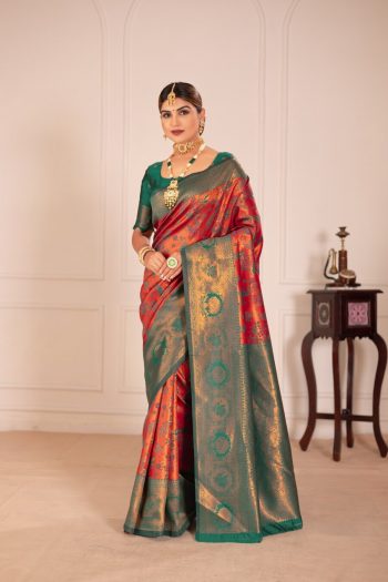 ATTRACTIVE BANARASI SILK WEAVING WORK SAREE WITH UNSTITCHED BLOUSE GAJARI