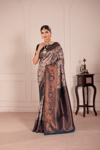 ATTRACTIVE BANARASI SILK WEAVING WORK SAREE WITH UNSTITCHED BLOUSE GREY