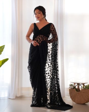 ATTRACTIVE BUTTERFLY NET EMBROIDERY WORK SAREE WITH UNSTITCHED BLOUSE BLACK