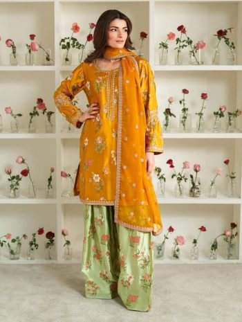 ATTRACTIVE CREPE SILK EMBROIDERY SEQUENCE WORK TOP PALAZZO WITH DUPATTA YELLOW