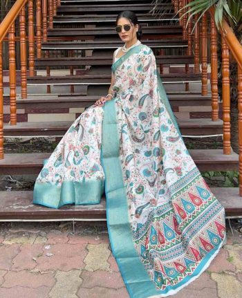 ATTRACTIVE DOLA KANJIVARAM SILK ZARI WEAVING PATTA WITH DIGITAL PRINT SAREE WITH UNSTITCHED BLOUSE SKY