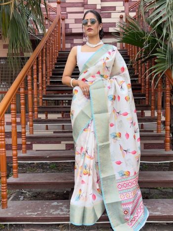 ATTRACTIVE DOLA KANJIVARAM SILK ZARI WEAVING PATTA WITH DIGITAL PRINT SAREE WITH UNSTITCHED BLOUSE OFF WHITE
