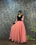 ATTRACTIVE FANDY SILK  VELVET SEQUENCE WORK GOWN WITH DUPATTA PEACH