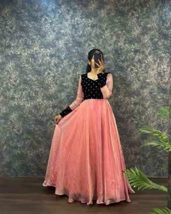 ATTRACTIVE FANDY SILK  VELVET SEQUENCE WORK GOWN WITH DUPATTA PEACH
