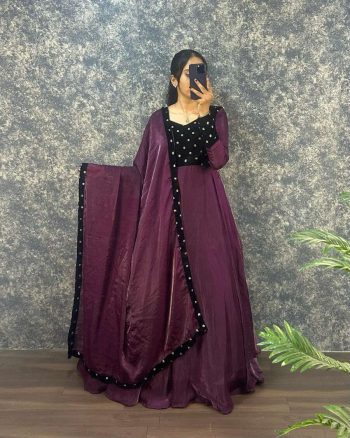 ATTRACTIVE FANDY SILK  VELVET SEQUENCE WORK GOWN WITH DUPATTA WINE