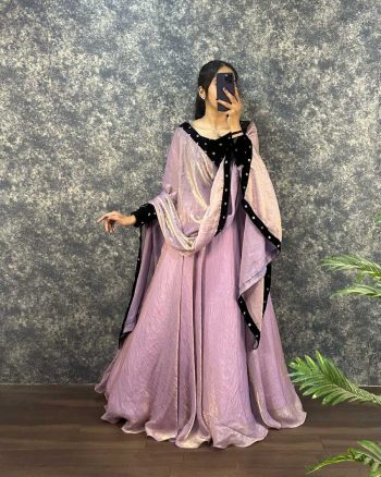 ATTRACTIVE FANDY SILK  VELVET SEQUENCE WORK GOWN WITH DUPATTA LAVENDER